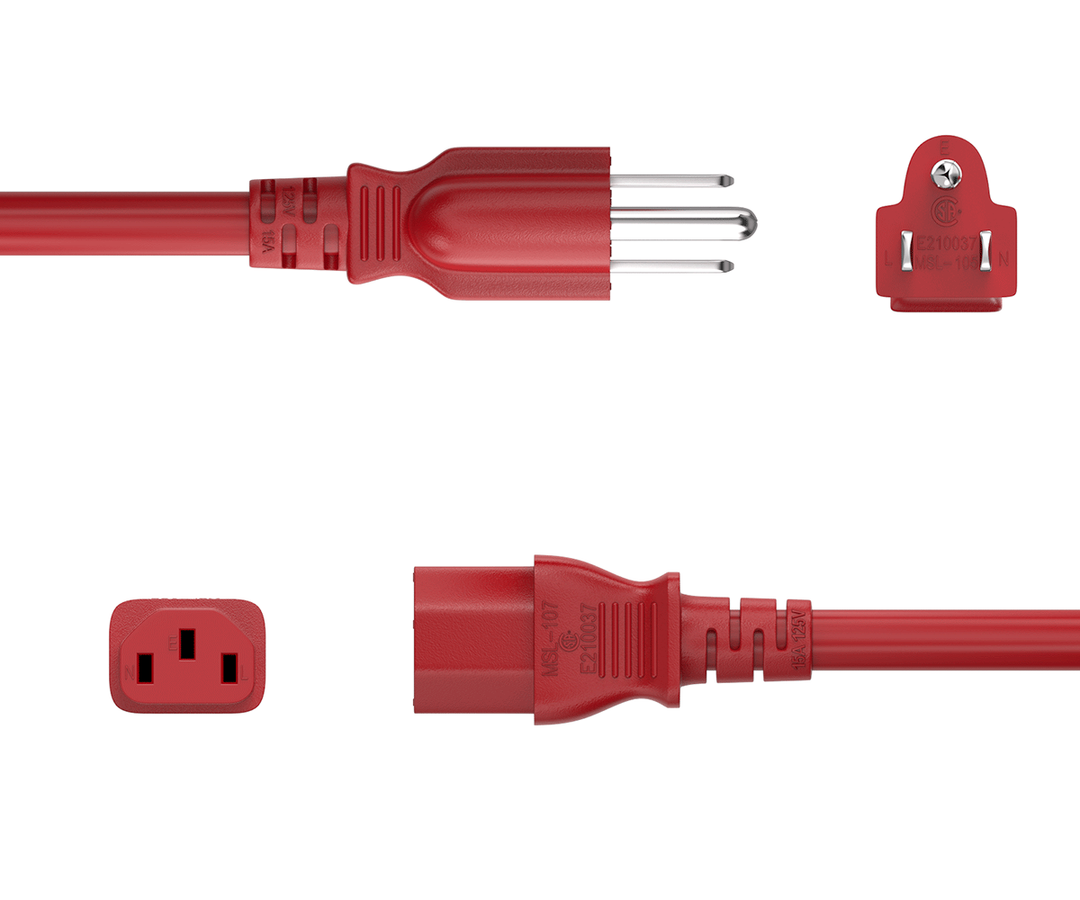 CompuCablePlusUSA NEMA 5-15P to IEC 60320 C13 North American Standard Power Cord Red Color