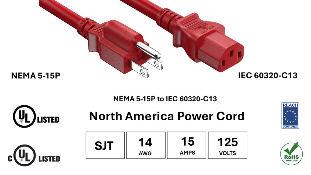 CompuCablePlusUSA NEMA 5-15P to IEC 60320 C13 North American Standard Power Cord Red Color, SJT, 14AWG, 15A/125V, UL, cUL, REACH, RoHS