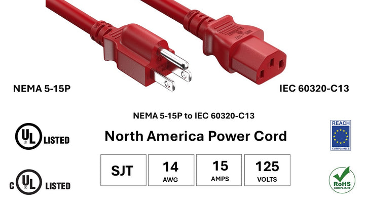 CompuCablePlusUSA NEMA 5-15P to IEC 60320 C13 North American Standard Power Cord Red Color, SJT, 14AWG, 15A/125V, UL, cUL, REACH, RoHS