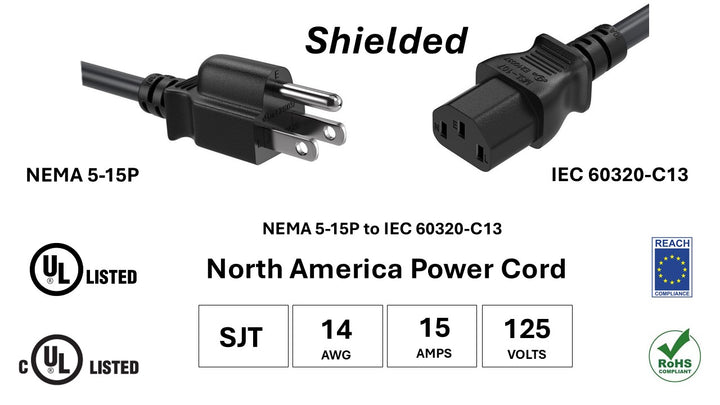CompuCablePlusUSA NEMA 5-15P to IEC 60320 C13 Shielded North American Standard Power Cord Black Color, SJT, 14AWG, 15A/125V, UL, cUL, REACH, RoHS
