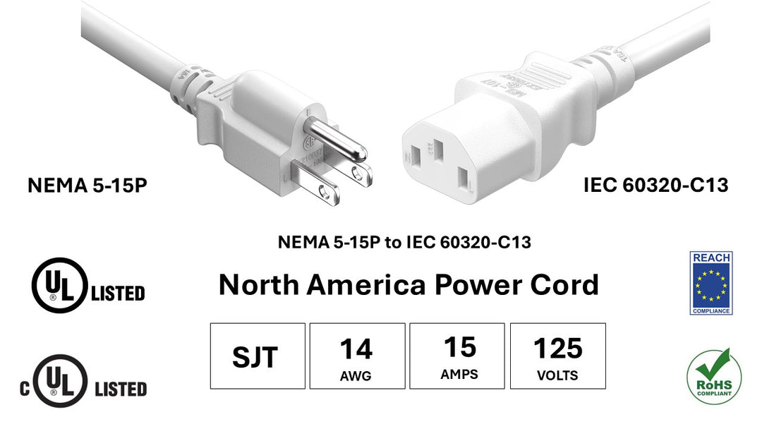 CompuCablePlusUSA NEMA 5-15P to IEC 60320 C13 North American Standard Power Cord, SJT, 14AWG, 15A/125V, UL, cUL, REACH, RoHS