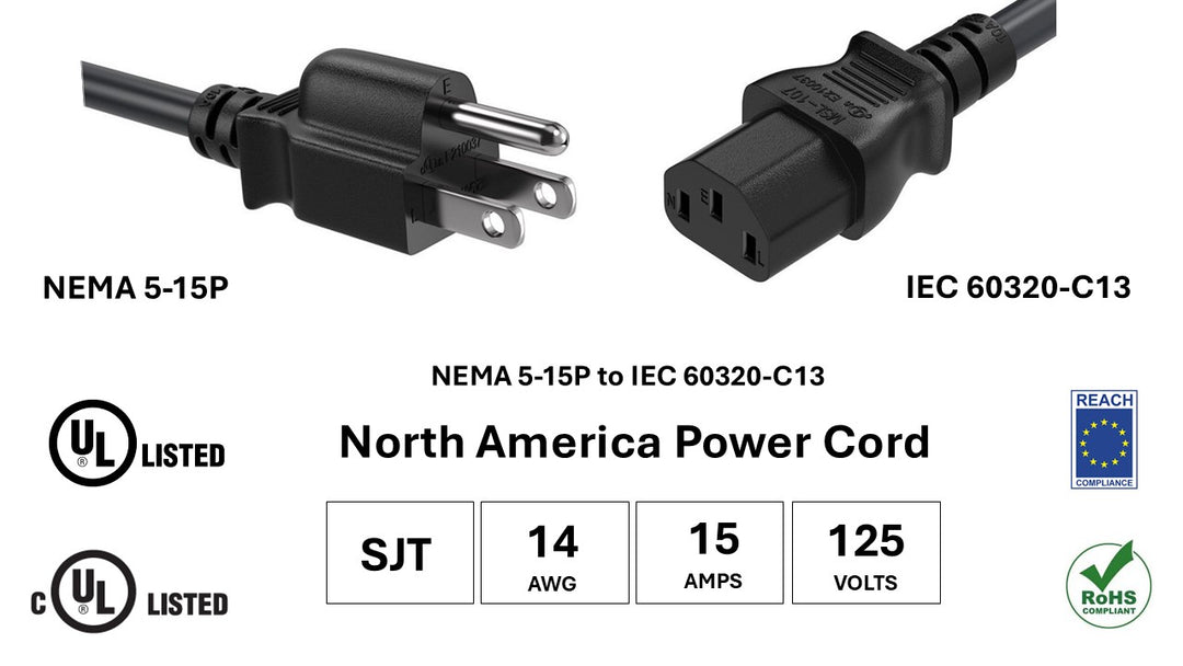 CompuCablePlusUSA NEMA 5-15P to IEC 60320 C13 North American Standard Power Cord Black Color, SJT, 14AWG, 15A/125V, UL, cUL, REACH, RoHS
