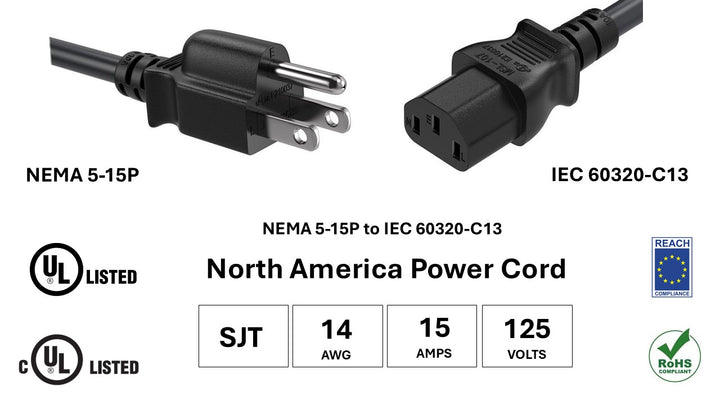 CompuCablePlusUSA NEMA 5-15P to IEC 60320 C13 North American Standard Power Cord Black Color, SJT, 14AWG, 15A/125V, UL, cUL, REACH, RoHS