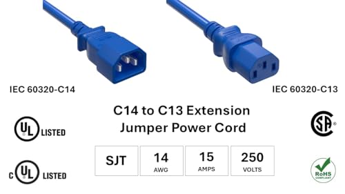CompuCablePlusUSA.com C14 to C13 Extension Power Cord, 14AWG, SJT, 15A/250V Blue color, UL, cUL, CSA, and RoHS certified. 