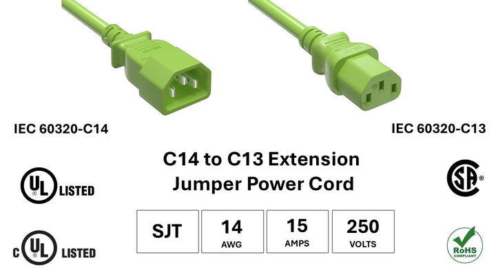 CompuCablePlusUSA.com C14 to C13 Extension Power Cord, 14AWG, SJT, 15A/250V Green color, UL, cUL, CSA, and RoHS certified. 