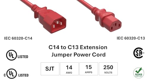 CompuCablePlusUSA.com C14 to C13 Extension Power Cord, 14AWG, SJT, 15A/250V Red color, UL, cUL, CSA, and RoHS certified. 