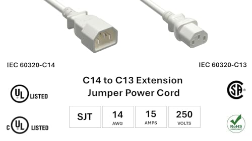CompuCablePlusUSA.com C14 to C13 Extension Power Cord, 14AWG, SJT, 15A/250V White color, UL, cUL, CSA, and RoHS certified. 