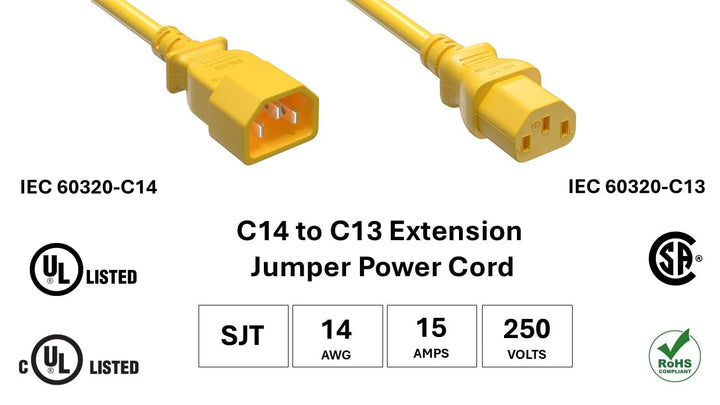 CompuCablePlusUSA.com C14 to C13 Extension Power Cord, 14AWG, SJT, 15A/250V yellow color, UL, cUL, CSA, and RoHS certified. 