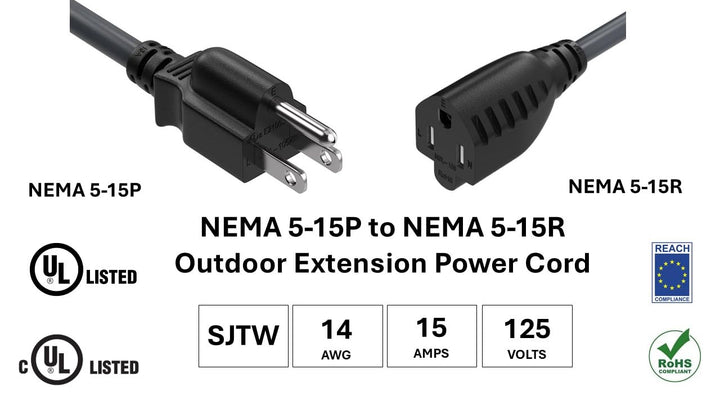 CompuCablePlusUSA.com NEMA 5-15P to 5-15R Outdoor Power Extension Cord, SJTW, 14 AWG, 15A/125V Black Color. 