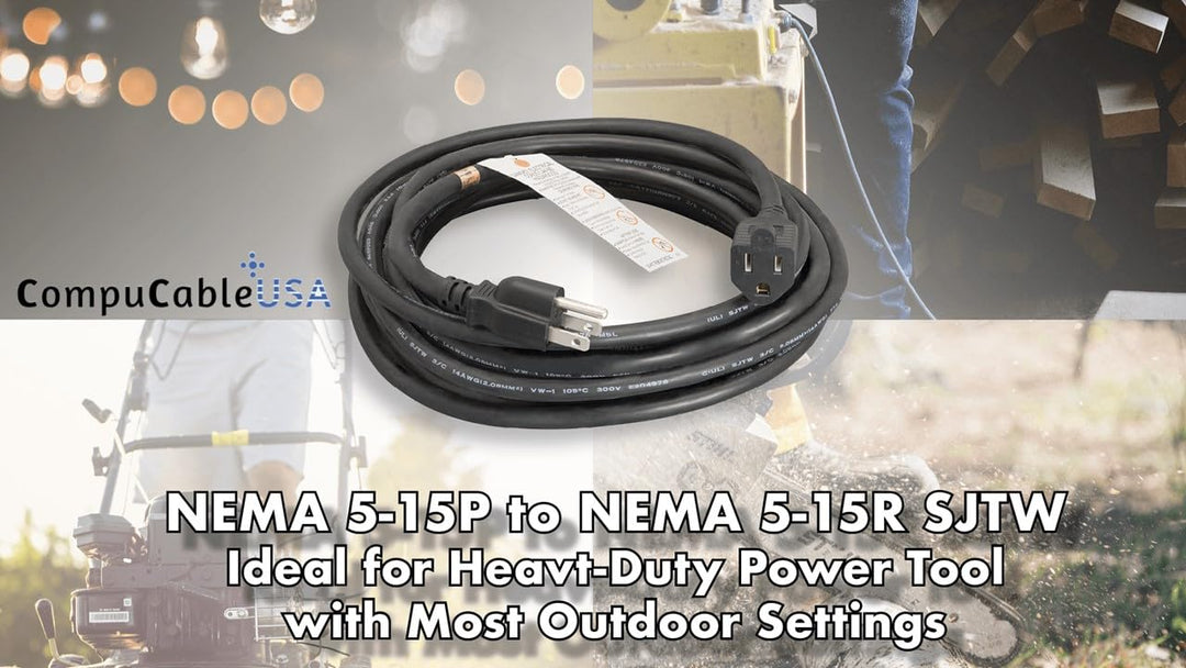 CompuCablePlusUSA.com NEMA 5-15P to 5-15R Outdoor Power Extension Cord, SJTW, 14 AWG, 15A/125V Black Color. 