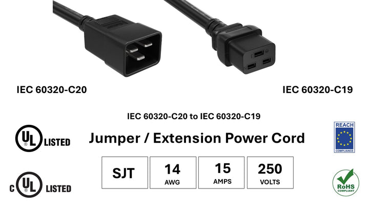 CompuCablePlusUSA IEC 60320 C20 to C19 Heavy Duty Extension Jumper Cord Black Color, SJT, 14AWG, 15A/250V, UL, cUL, REACH, RoHS.