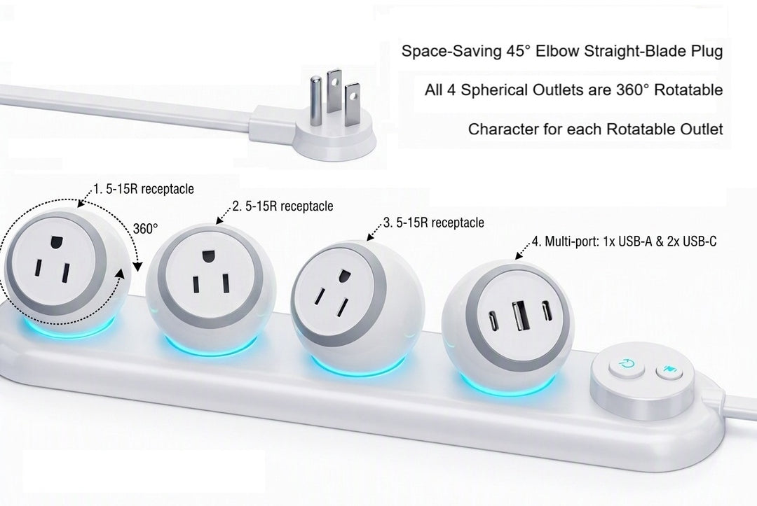 CompuCablePlusUSA Power Strip with 4 Total Outlets (3 NEMA 5-15R 360 Degree Rotating Outlets & 1 Module with 1 USB-A & 2 USB-C Ports)  Space-Saving 45 degree elbow straight-blade 3-Prongs Plug. 