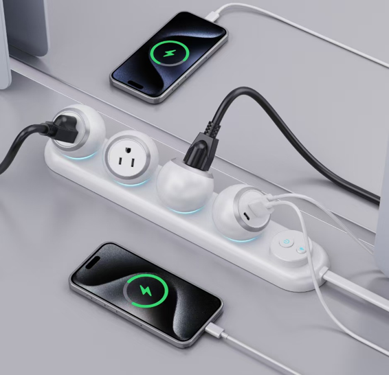 CompuCablePlusUSA 360 Degree Rotating 4 Outlets Power Strip (3 NEMA 5-15R Outlets and 1 Module with 1 USB-A and 2 USB-C Ports) – 14AWG SPT-3, 15A/120V AC, NEMA 5-15P Plug, UL/ETL, White, 1.5M (4.9 FT)