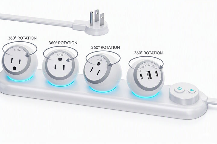 CompuCablePlusUSA 360 Degree Rotating 4 Outlets Power Strip (3 NEMA 5-15R Outlets and 1 Module with 1 USB-A and 2 USB-C Ports) – 14AWG SPT-3, 15A/120V AC, NEMA 5-15P Plug, UL/ETL, White, 1.5M (4.9 FT)