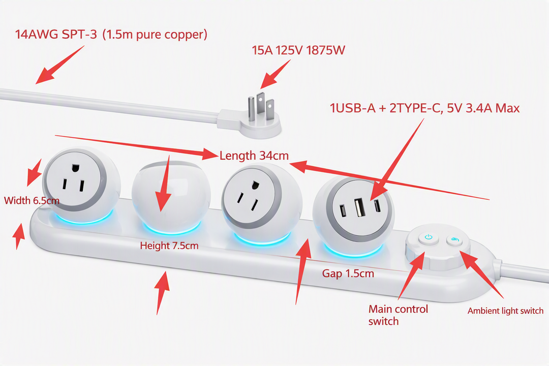 CompuCablePlusUSA Power Strip with 4 Total Outlets (3 NEMA 5-15R 360 Degree Rotating Outlets & 1 Module with 1 USB-A & 2 USB-C Ports) Dimensions. 