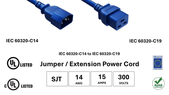 CompuCablePlusUSA IEC 60320 C14 to C19 Heavy Duty Data Center Jumper Cord Blue Color, SJT, 14AWG, 15A/300V, UL, cUL, REACh, RoHS.