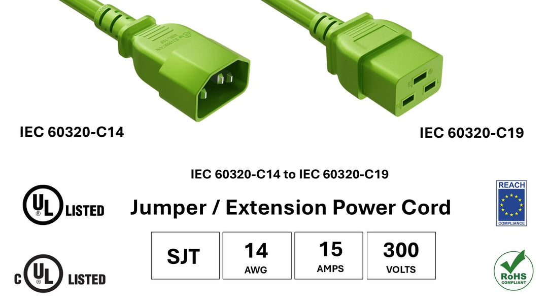 CompuCablePlusUSA IEC 60320 C14 to C19 Heavy Duty Data Center Jumper Cord Green Color, SJT, 14AWG, 15A/300V, UL, cUL, REACH, RoHS.