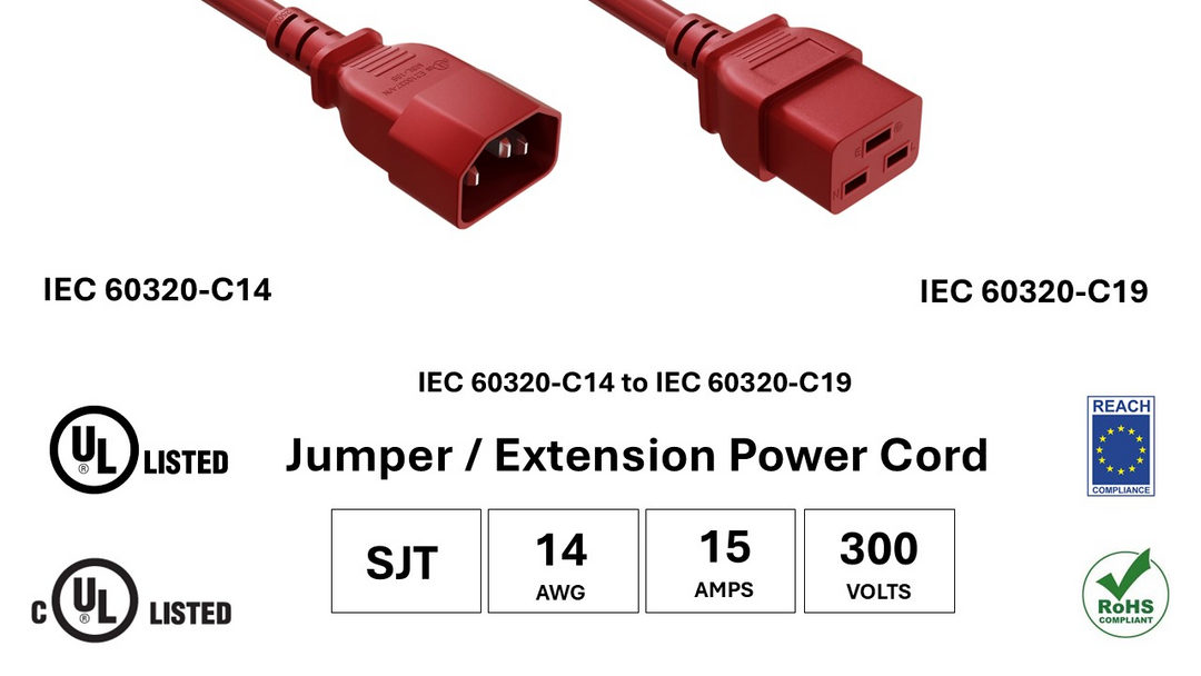 CompuCablePlusUSA IEC 60320 C14 to C19 Heavy Duty Data Center Jumper Cord Red Color, SJT, 14AWG, 15A/300V, UL, cUL, REACH, RoHS.