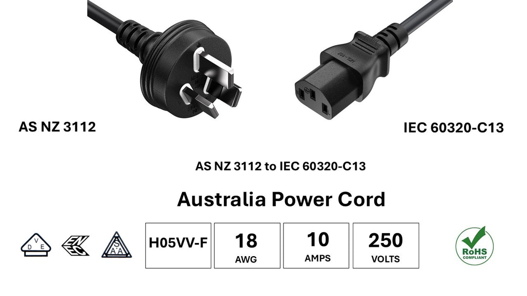 CompuCablePlusUSA AS/NZS 3112 to IEC 60320 C13 AC Power Cord Black color, H05VV-F, 18AWG, 10A/250V, SAA, VDE, ENEC Certified RoHS.