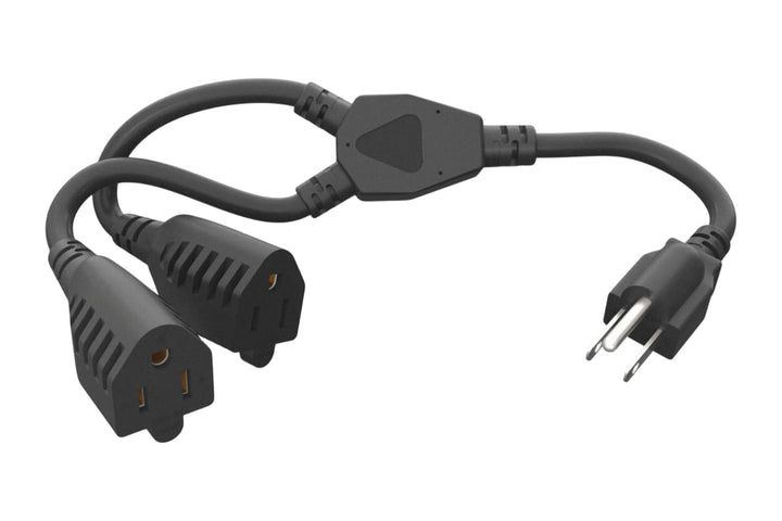 CompuCablePlusUSA.com NEMA 5-15P to NEMA 5-15R x 2 Y-Splitter Power Cord, Black Cord on a white background. 