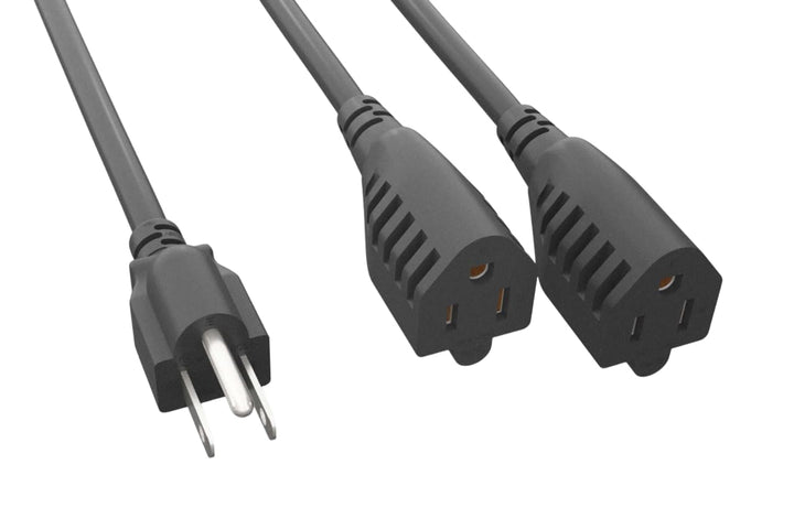 CompuCablePlusUSA NEMA 5-15P to 5-15R x 2 Y-Splitter Power Cord - 14AWG SJT, 15A/125V, UL Certified, Black, 14 Inches