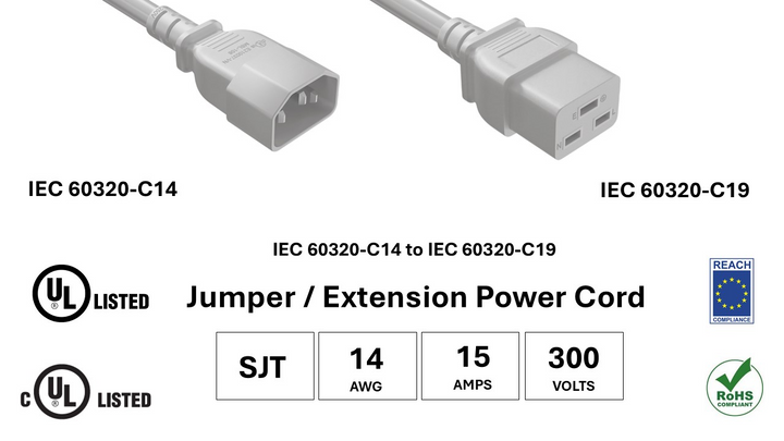 CompuCablePlusUSA IEC 60320 C14 to C19 Heavy Duty Data Center Jumper Cord White Color, SJT, 14AWG, 15A/300V, UL, cUL, REACH, RoHS.