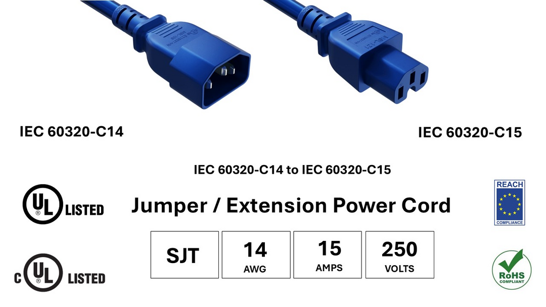 CompuCablePlusUSA IEC 60320 C14 to C15 High-Temp Extension Jumper Cord Blue Color, SJT, 14AWG, 15A/250V, UL, cUL, REACh, RoHS.