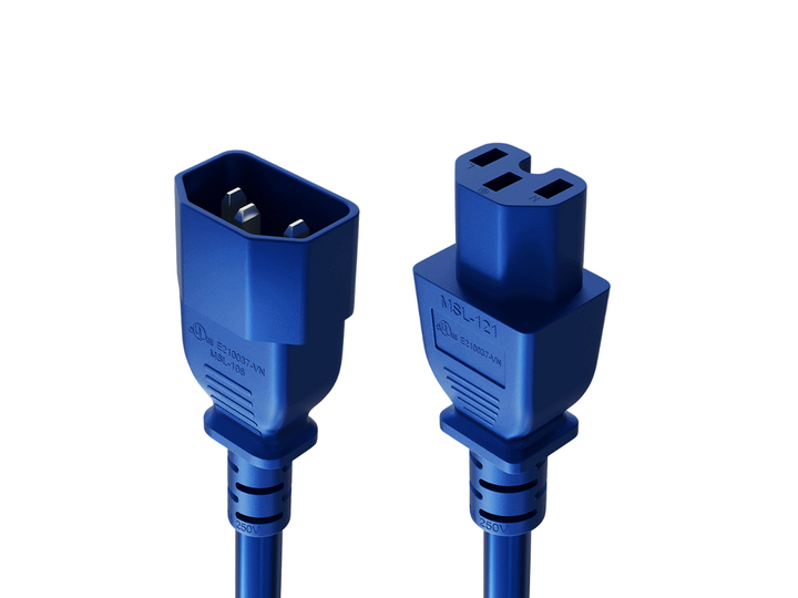 CompuCablePlusUSA IEC 60320 C14 to C15 High-Temp Extension Jumper Cord Blue Color