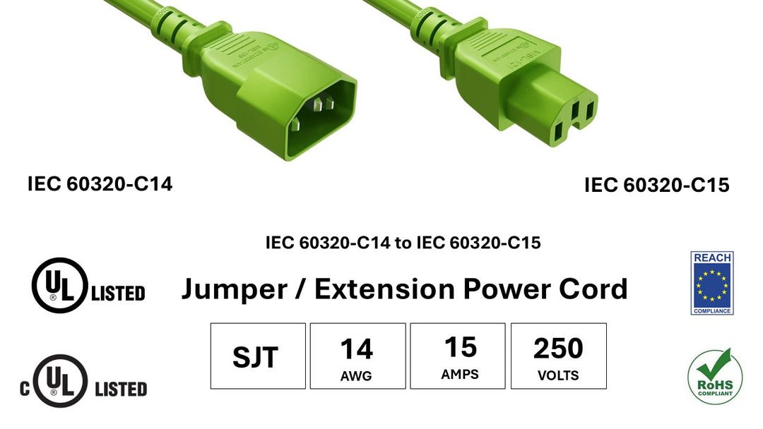CompuCablePlusUSA IEC 60320 C14 to C15 High-Temp Extension Jumper Cord Green Color, SJT, 14AWG, 15A/250V, UL, cUL, REACh, RoHS.
