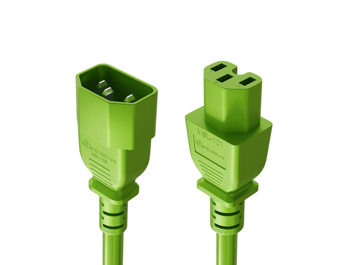 CompuCablePlusUSA IEC 60320 C14 to C15 High-Temp Extension Jumper Cord Green Color.