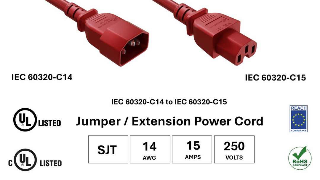 CompuCablePlusUSA IEC 60320 C14 to C15 High-Temp Extension Jumper Cord Red Color, SJT, 14AWG, 15A/250V, UL, cUL, REACh, RoHS.