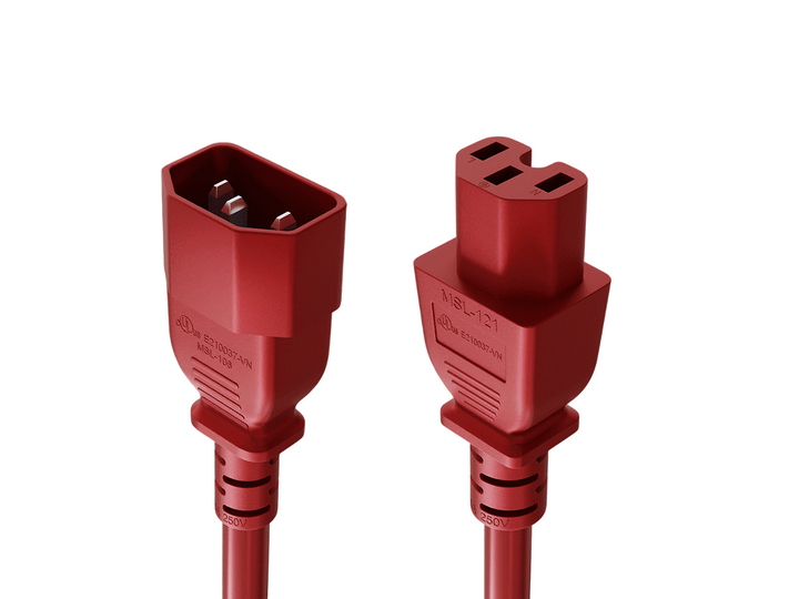 CompuCablePlusUSA IEC 60320 C14 to C15 High-Temp Extension Jumper Cord Red Color.