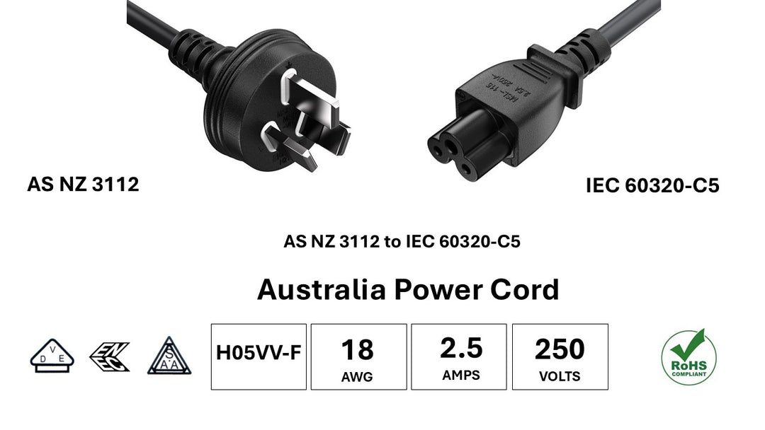 CompuCablePlusUSA AS/NZS 3112 to IEC-60320-C5 AC Power Cord Black Color, H05VV-F, 18AWG, 2.5A/250V, SAA, VDE, ENEC Certified, RoHS.