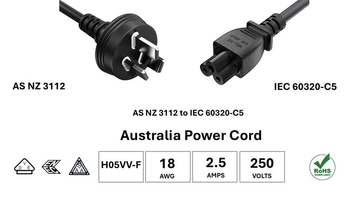 CompuCablePlusUSA AS/NZS 3112 to IEC-60320-C5 AC Power Cord Black Color, H05VV-F, 18AWG, 2.5A/250V, SAA, VDE, ENEC Certified, RoHS.