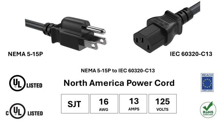 CompuCablePlusUSA NEMA 5-15P to IEC C13 North American Standard Power Cord Black Color, SJT, 16AWG, 13A/125V, UL, cUL, REACH, RoHS