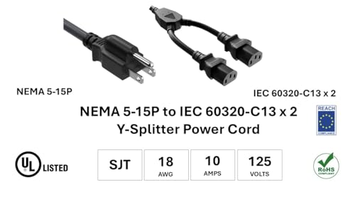 CompuCablePlusUSA.com NEMA 5-15P to IEC 60320 C13 x 2 Y-Splitter Power Cord - 18AWG SJT, 10A/125V, UL, REACH, RoHS Certified, Black, 3/6/10 Feet.