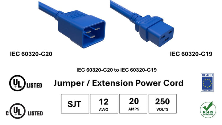 CompuCablePlusUSA IEC 60320 C20 to C19 Heavy Duty Extension Jumper Cord Blue Color, SJT, 12AWG, 20A/250V, UL, cUL. REACh, RoHS.