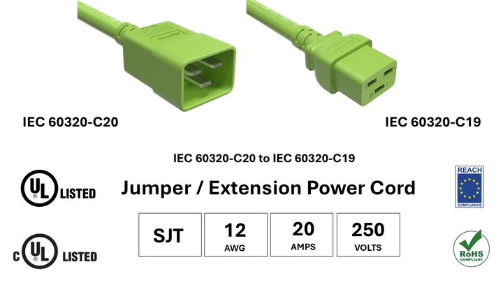 CompuCablePlusUSA IEC 60320 C20 to C19 Heavy Duty Extension Jumper Cord Green Color, SJT, 12AWG, 20A/250V, UL, cUL, REACH, RoHS.