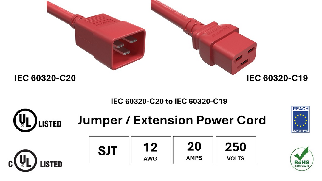 CompuCablePlusUSA IEC 60320 C20 to C19 Heavy Duty Extension Jumper Cord Red Color, SJT, 12AWG, 20A/250V, UL, cUL, REACH, RoHS.