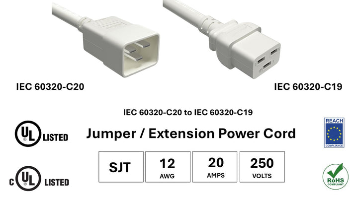 CompuCablePlusUSA IEC 60320 C20 to C19 Heavy Duty Extension Jumper Cord White Color, SJT, 12AWG, 20A/250V, UL, cUL, REACH, RoHS.