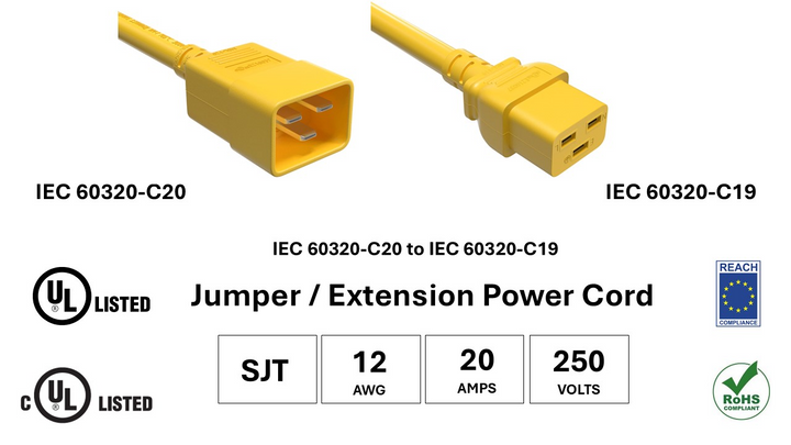 CompuCablePlusUSA IEC 60320 C20 to C19 Heavy Duty Extension Jumper Cord Yellow Color, SJT, 12AWG, 20A/250V, UL, cUL, REACH, RoHS.