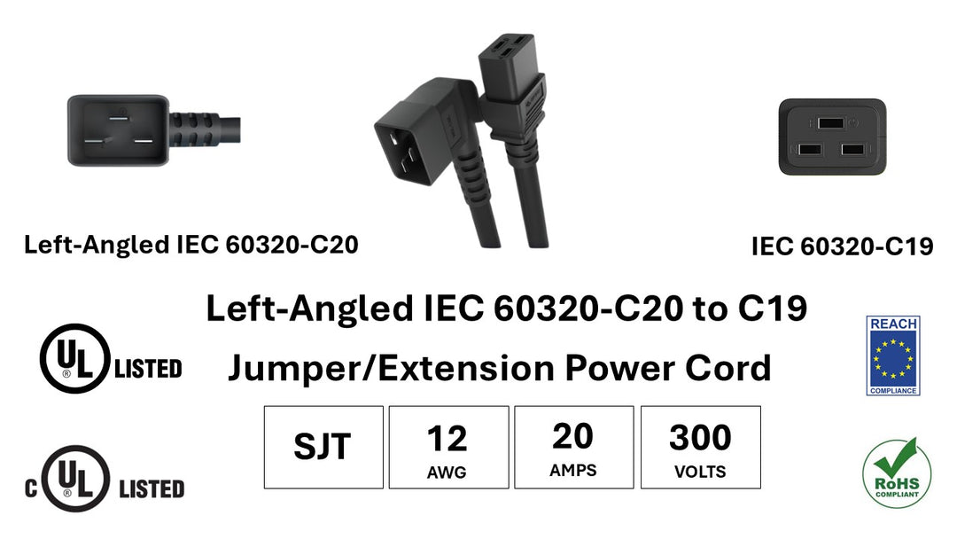 CompuCablePlusUSA.com IEC 60320-Left-Angled C20 to C19 Heavy Duty Server Power Cord, 12AWG, SJT, 20A/300V, Black Color, UL, cUL, REACH, RoHS Certified.
