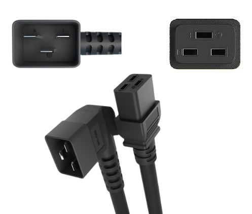 CompuCablePlusUSA.com IEC 60320 C20 Right Angle to C19 Heavy Duty Server Power Cord, 12AWG, Black Color.