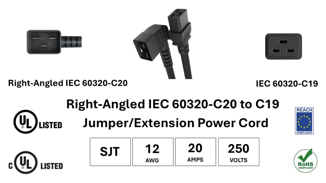 CompuCablePlusUSA.com IEC 60320 C20 Right Angle to C19 Heavy Duty Server Power Cord, 12AWG, SJT, 20A/250V, Black Color, UL, dUL, REACH, RoHS certified.