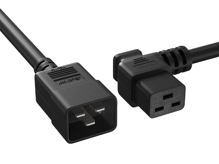 CompuCablePlusUSA.com IEC 60320 C20 to C19 Left Angle Heavy Duty Extension Jumper Power Cord, 12AWG, Black Color.