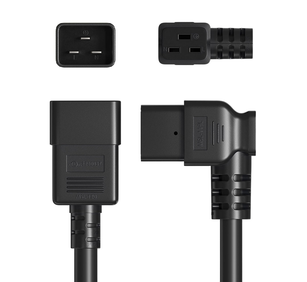 CompuCablePlusUSA.com IEC 60320 C20 to C19 Left Angle Heavy Duty Extension Jumper Power Cord, 12AWG, Black Color. Connector Views. 