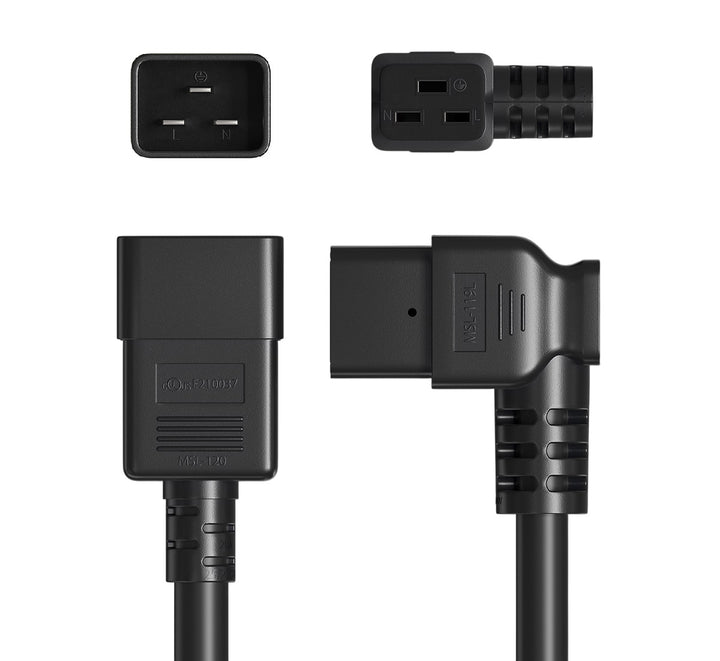 CompuCablePlusUSA.com IEC 60320 C20 to C19 Left Angle Heavy Duty Extension Jumper Power Cord, 12AWG, Black Color. Connector Views. 