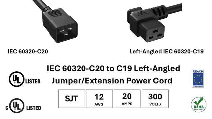 CompuCablePlusUSA.com IEC 60320 C20 to C19 Left Angle Heavy Duty Extension Jumper Power Cord, SJT, 12AWG, 20A/300V, Black Color.