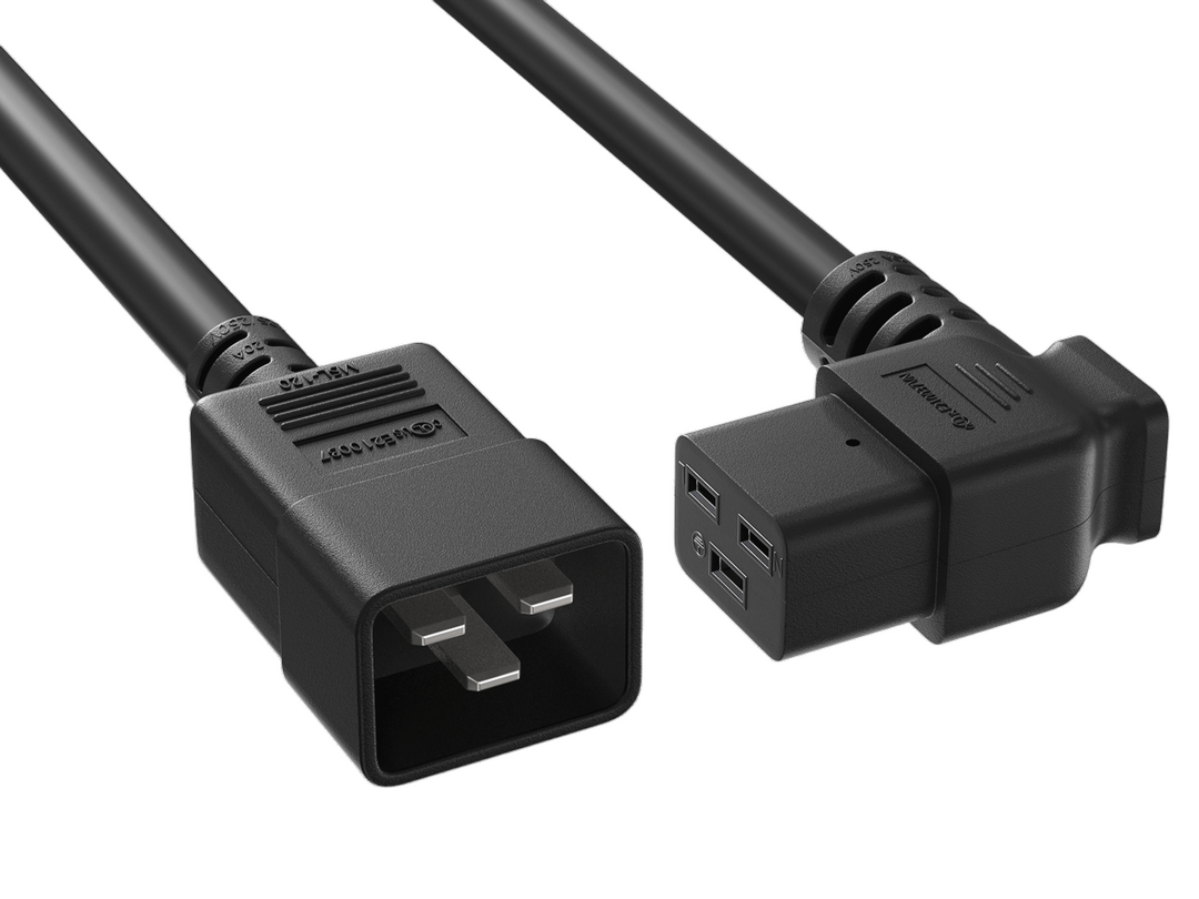CompuCablePlusUSA.com IEC 60320- C20 to C19 Right-Angled Heavy Duty Extension Jumper Power Cord, 12AWG, Black Color.