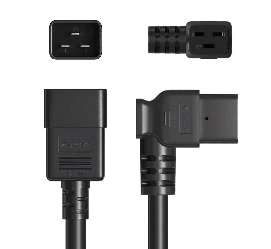 CompuCablePlusUSA.com IEC 60320- C20 to C19 Right-Angled Heavy Duty Extension Jumper Power Cord, 12AWG, Black Color.